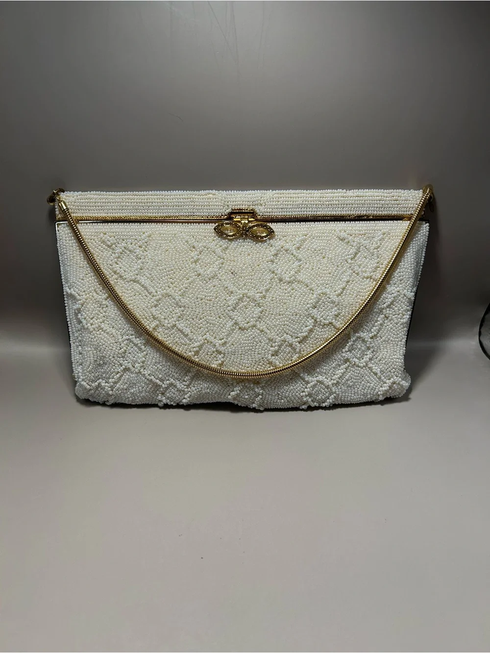 Ivory Beaded Evening Clutch with Gold Handle